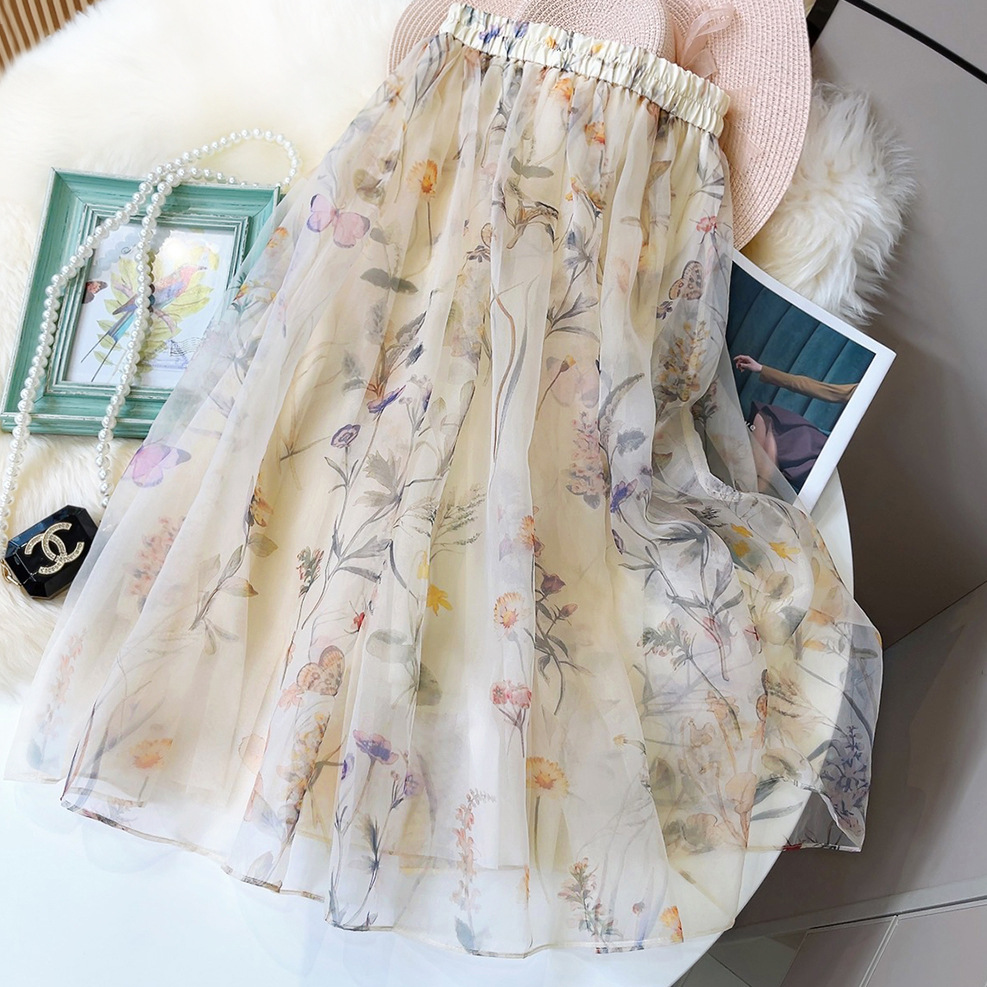 Women Sweet High-waisted A-line Mesh Midi Skirts